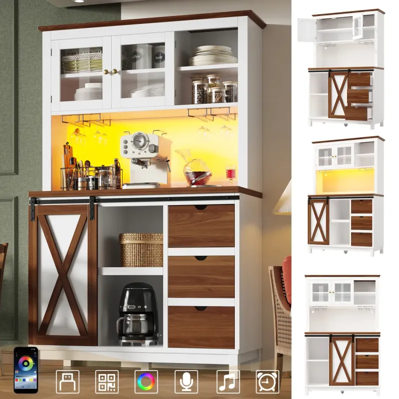 Tall Kitchen Larder Cupboard with Smart LED Lighting and Sliding Door, White