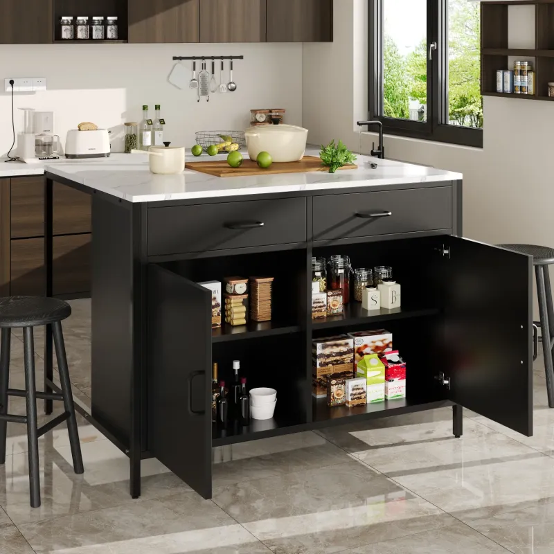 100cm Marble Effect Bar Table with Storage and Cupboard - Black