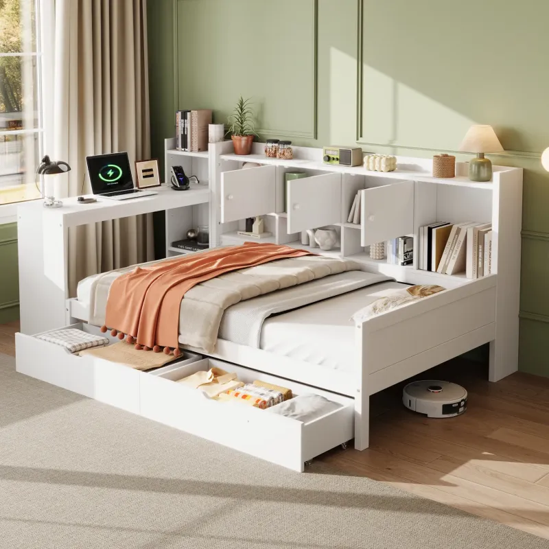 Wooden Daybed, Single, in White, with Integrated Desk and Storage Drawers