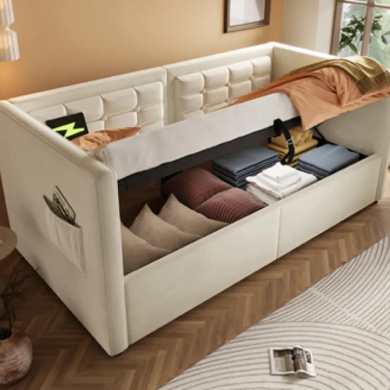 3FT Single Velvet Daybed with Hydraulic Storage & USB Charging - Beige