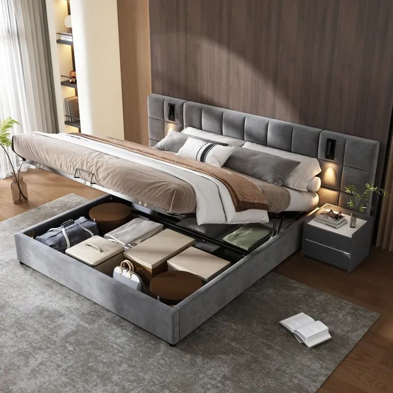 Grey Velvet Ottoman Storage Double Bed with Integrated Reading Light and USB Charging