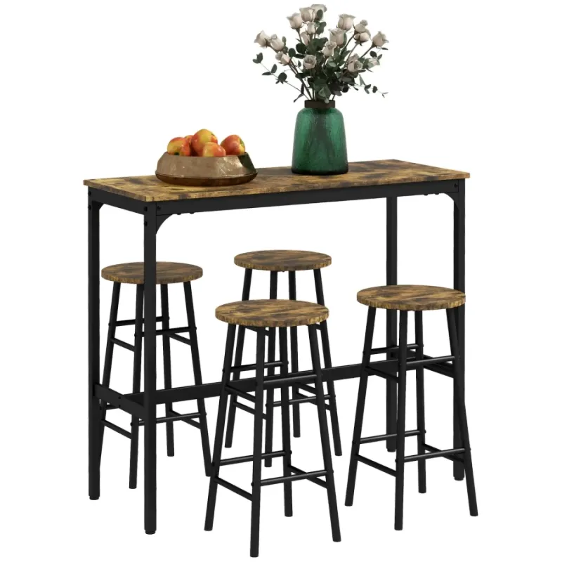 Industrial 5 Piece Bar Table and Stools Set - Rustic Brown