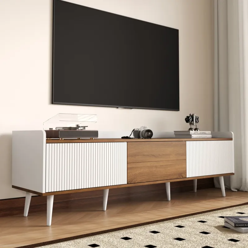 160cm TV Stand with 3 Striped Doors - White and Natural Wood Finish
