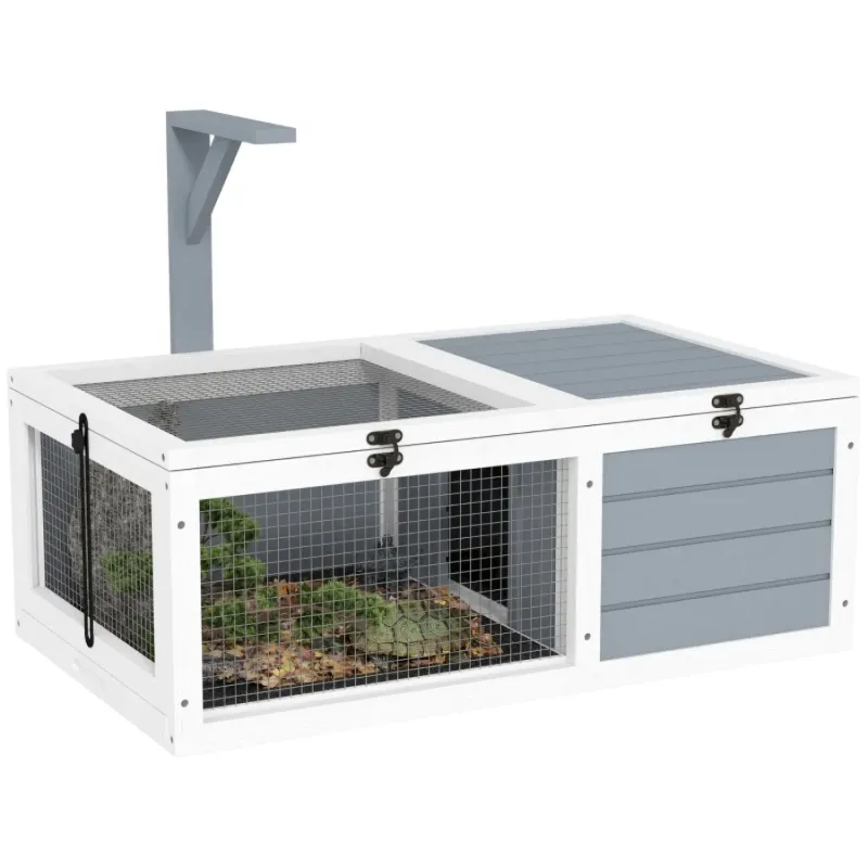 Wooden Tortoise House with Lamp Holder and Dual Trays, Light Grey