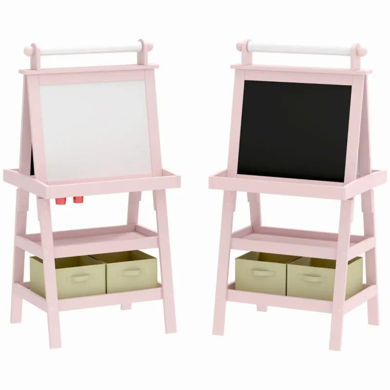 3-in-1 Kids Double-Sided Art Easel with Magnetic Whiteboard, Chalkboard and Storage - Pink
