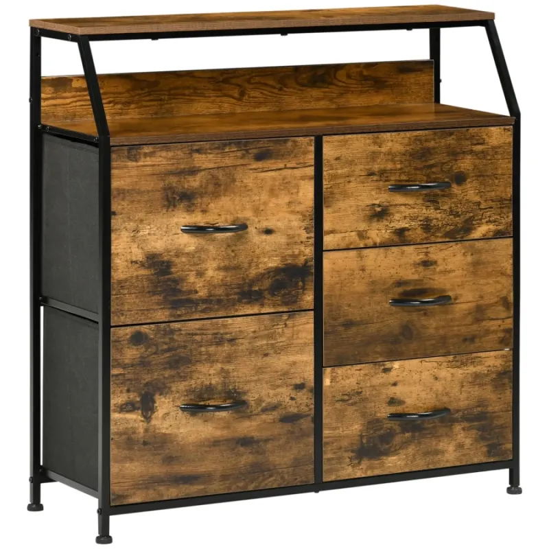 Rustic Brown Industrial 5 Drawer Chest with Open Shelf