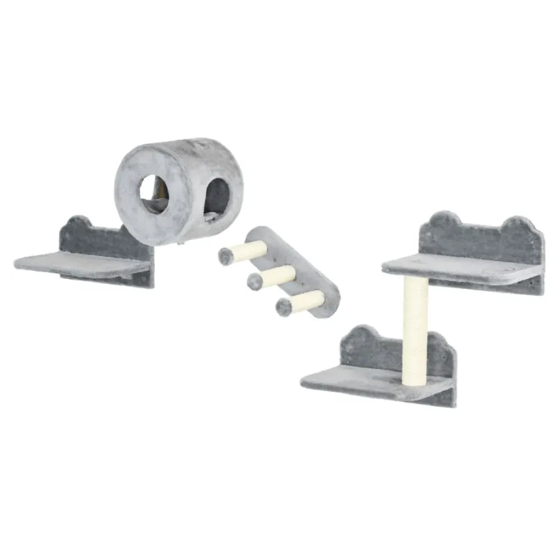 Wall-Mounted 4-Piece Cat Tree with House, Steps and Perch - Grey