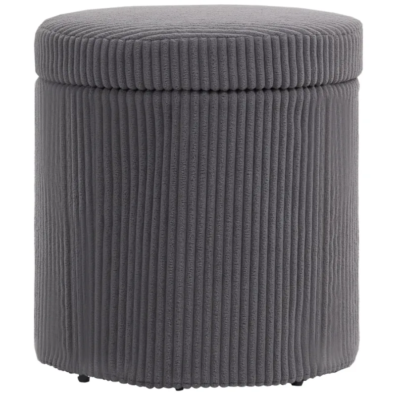 Round Corduroy Storage Ottoman Footstool with Steel Legs - Grey