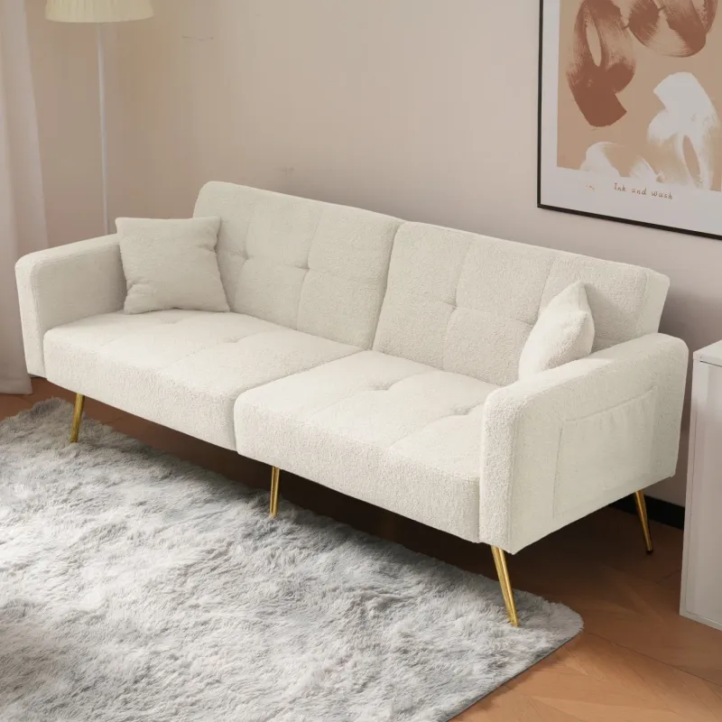 White Sherpa 2-Seater Sofa Bed with Gold Legs and Side Storage