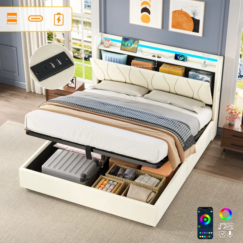 4ft6 Double Upholstered Ottoman Bed with LED Headboard and Charging Station - Beige Linen