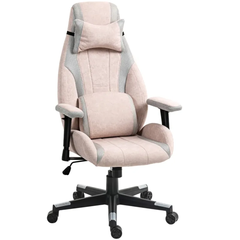 Ergonomic Velvet-Feel Fabric Gaming Chair with Lumbar Support - Pale Pink