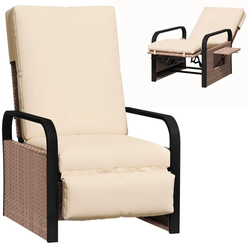  Reclining Rattan Garden Armchair with Footrest and Side Table - Brown/Khaki