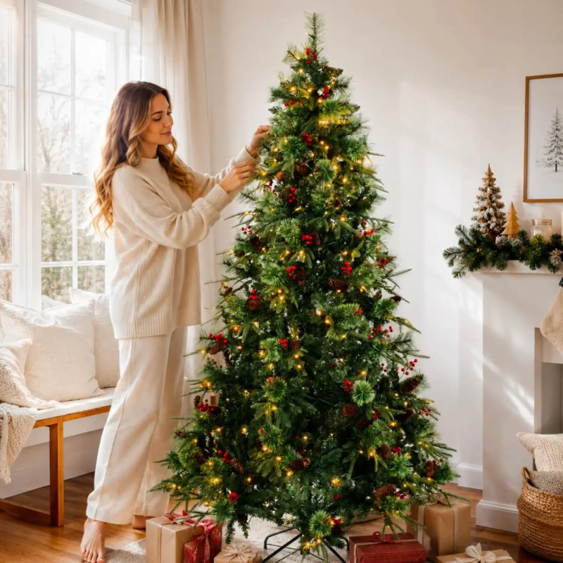 6ft Pre-Lit Artificial Christmas Tree with Pine Cones & Red Berries
