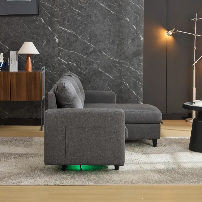 3-Seater L-Shaped Corner Sofa with Under-Seat Storage, LED Lighting and USB Charging - Grey