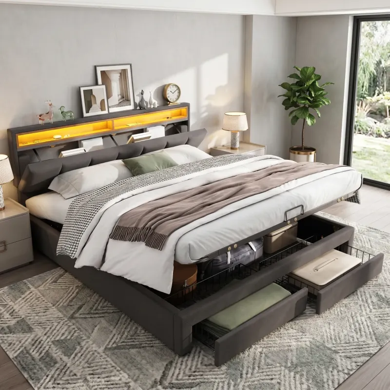 Linen Upholstered Ottoman Storage Bed with LED Headboard, Grey - Super King