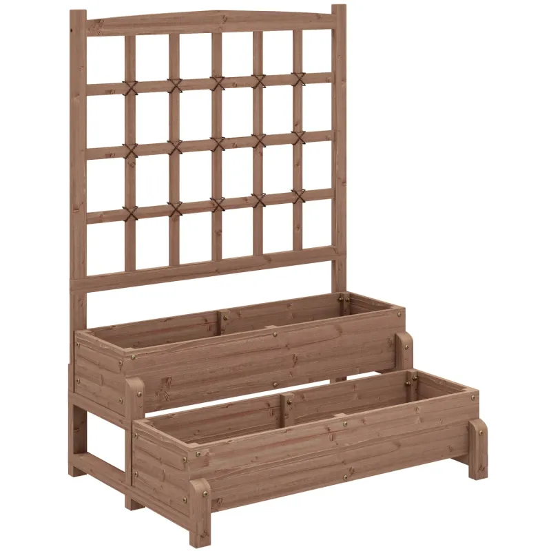 2-Tier Wooden Raised Garden Bed with Trellis - Brown