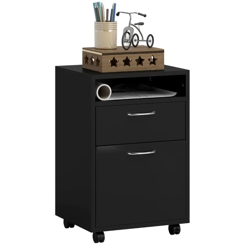 60cm Mobile Filing Cabinet with Drawer and Open Shelf - Black