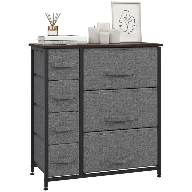 7 Drawer Fabric Chest of Drawers with Wood Grain Top - Dark Grey