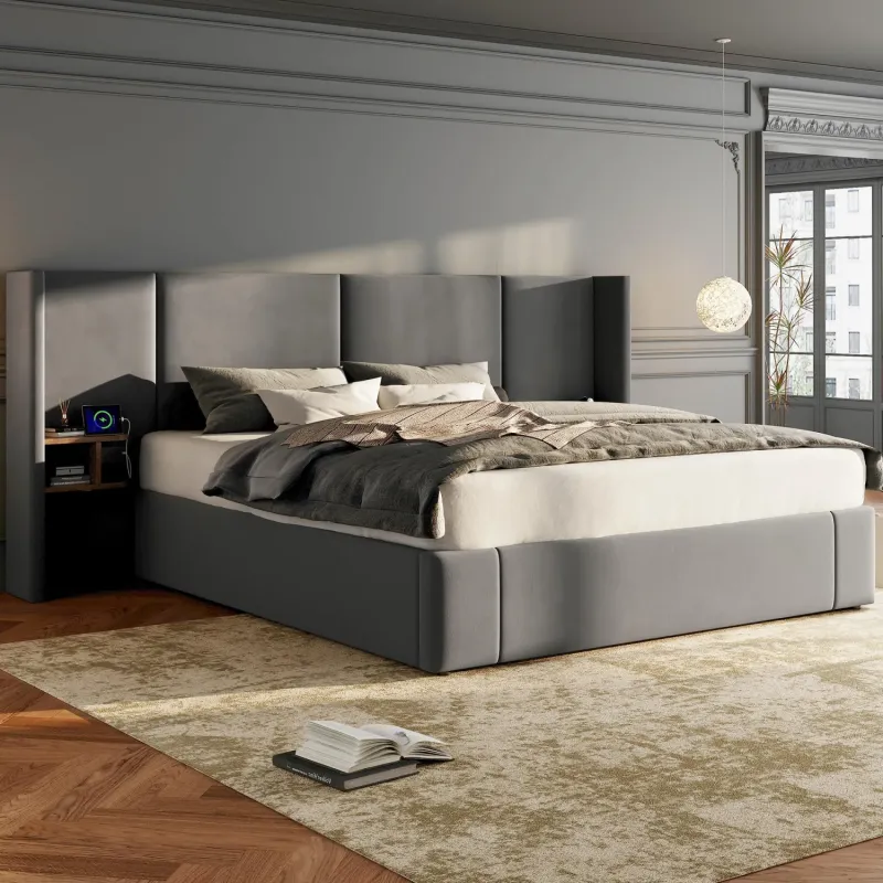 Velvet Ottoman King Size Bed with Integrated Bedside Tables and USB Charging - Grey