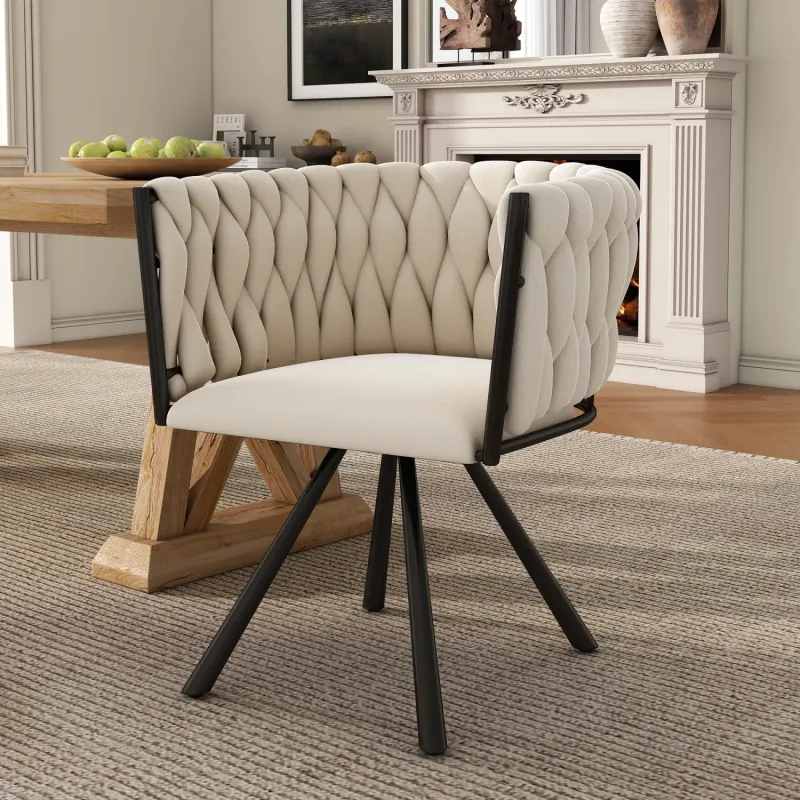 Swivel Velvet Dining Chair with Steel Legs - Beige