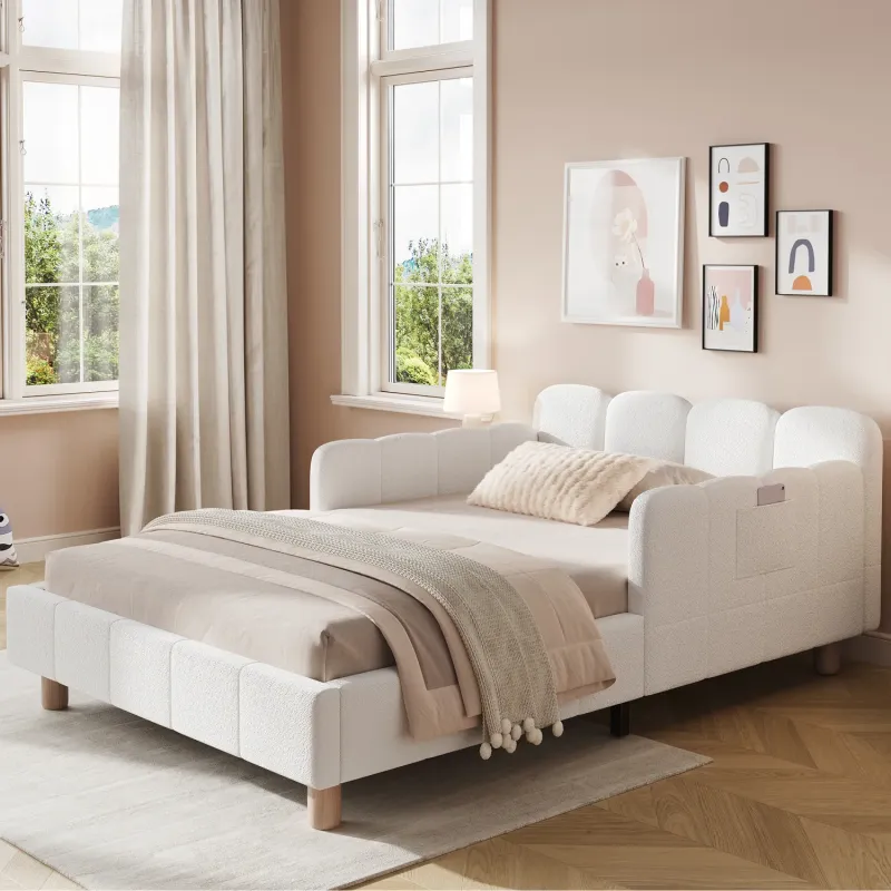 Bouclé Upholstered 3ft Single Bed with Modular Safety Rails and Storage - Beige