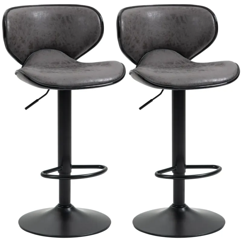 Set of 2 Dark Grey Leathaire Adjustable Swivel Bar Stools