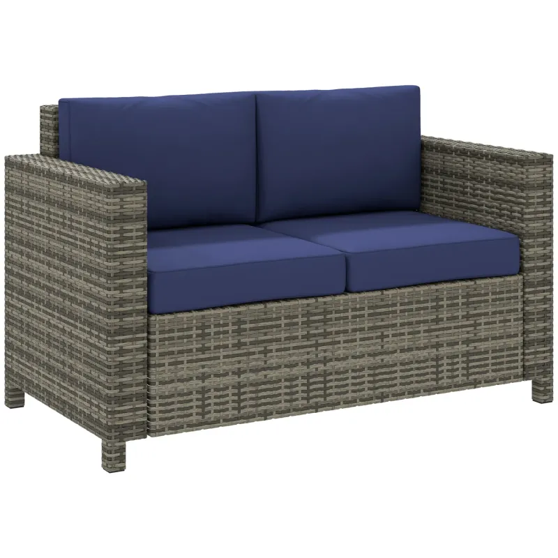 2 Seater Rattan Garden Sofa with Cushions - Navy Blue