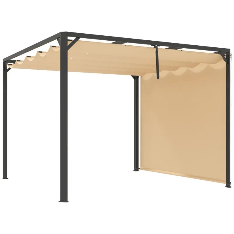  3m x 3m Aluminium Pergola with Retractable Canopy and Privacy Side Wall - Khaki