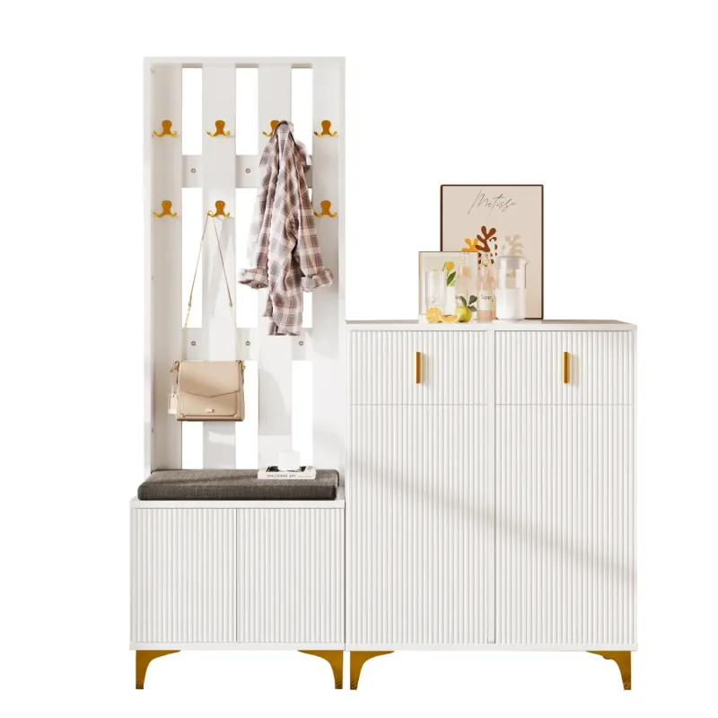White & Gold Hallway Furniture Set with Shoe Cabinet, Coat Rack and Padded Bench