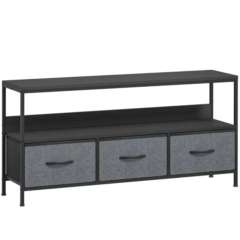 Steel & Fabric TV Unit, 120cm, in Black, with 3 Drawers and Open Shelf