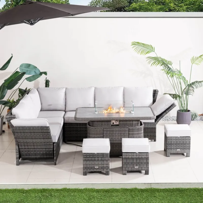 9-Seater Aluminium Garden Sofa Set with Lift-Top Fire Pit Table and Adjustable Armrests