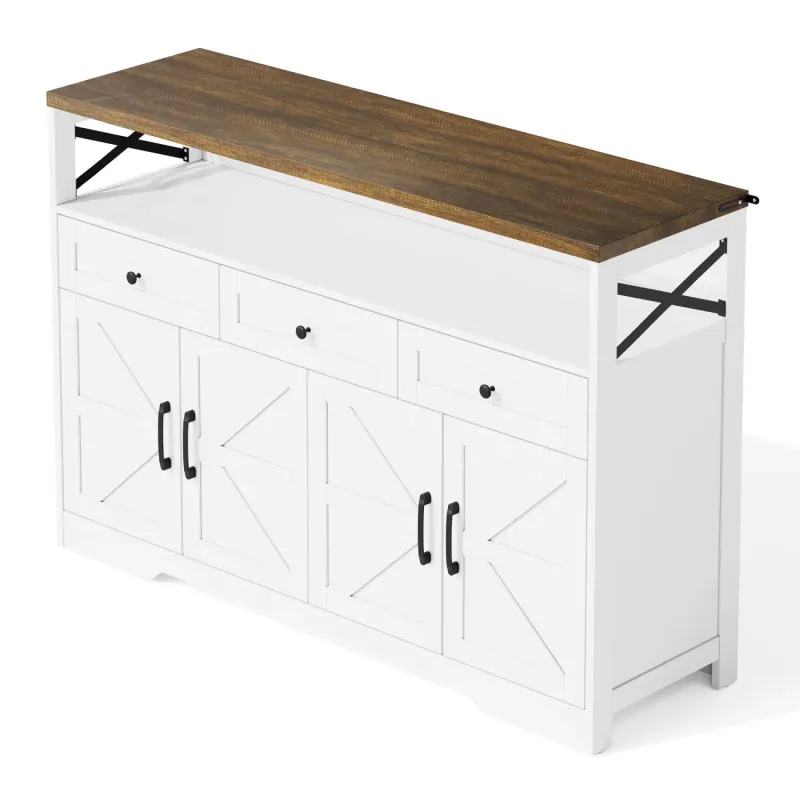 MDF Sideboard, 140cm, in White & Brown, with 3 Drawers and X-Frame Cupboards