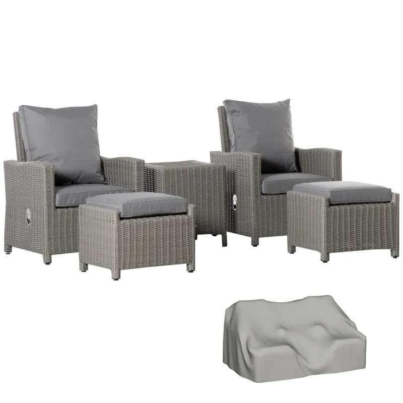  5-Piece Rattan Garden Reclining Lounge Set with Cooler Table and Cover - Grey