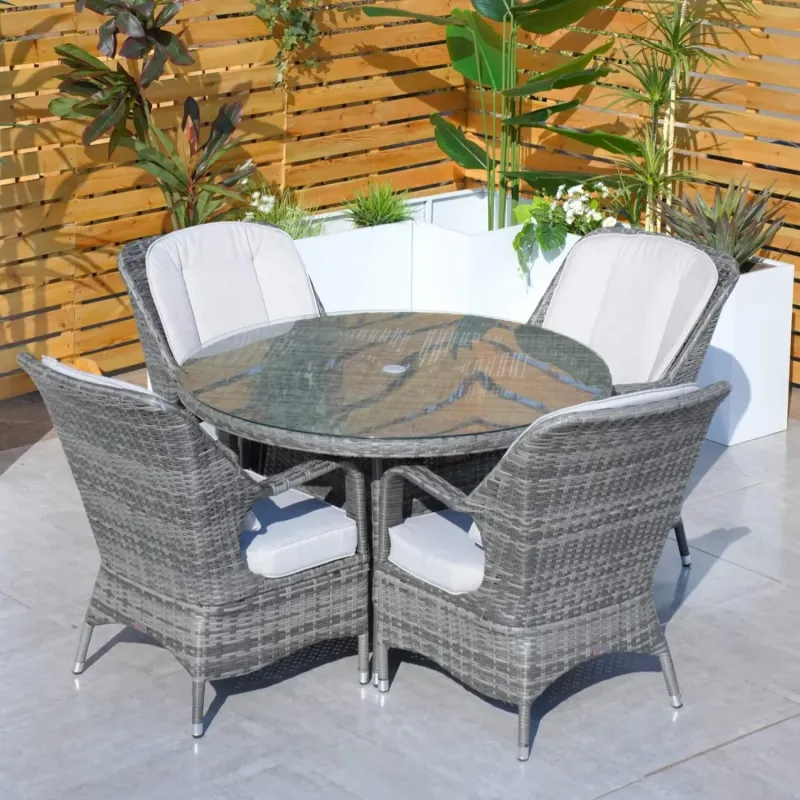 Parma 4-Seater Round Wicker Outdoor Dining Set with Glass Top Table