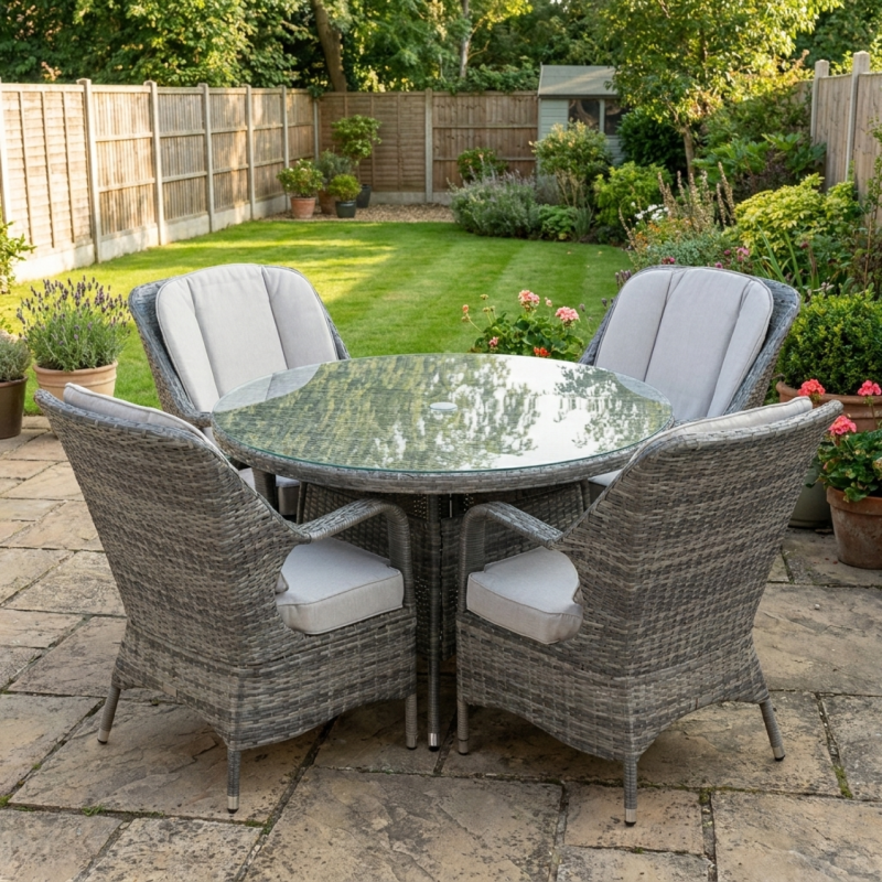 Palma Wicker Outdoor Dining Set, 4 Seater Set, in Grey, with a Round Table & Tempered Glass Top