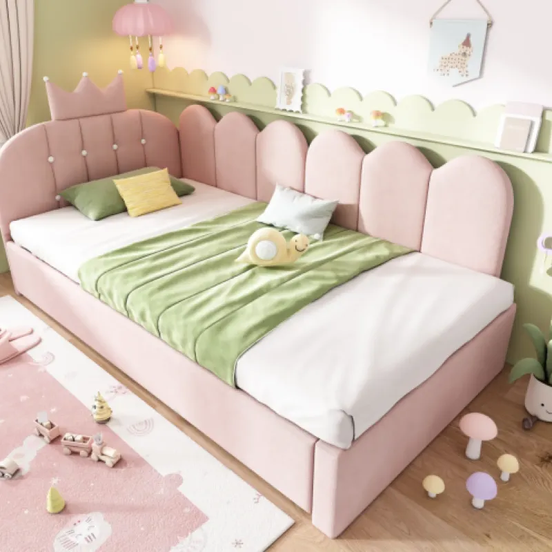 Velvet Daybed, Single, in Pink, with Crown Headboard and Pull-Out Trundle