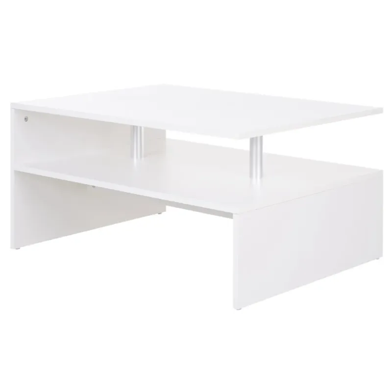 Rectangular Coffee Table, Melamine Finish in White, with 2-Tier Storage and Open Shelving