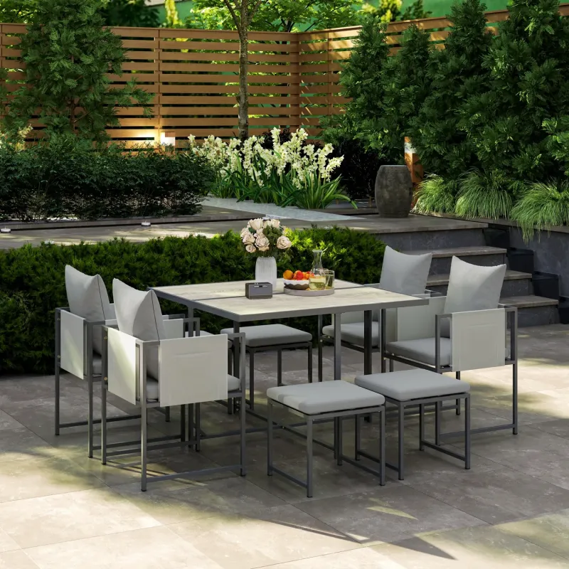 Steel Outdoor 4 Seater Dining Set, 4 Seater Set, in Grey, with a Square Table & Space-Saving Cube Design