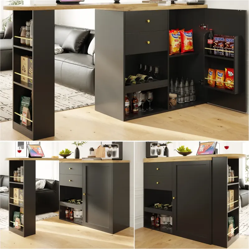 360° Rotating Bar Table with 4 Drawers and 3-Tier Storage Shelves in Black and Gold