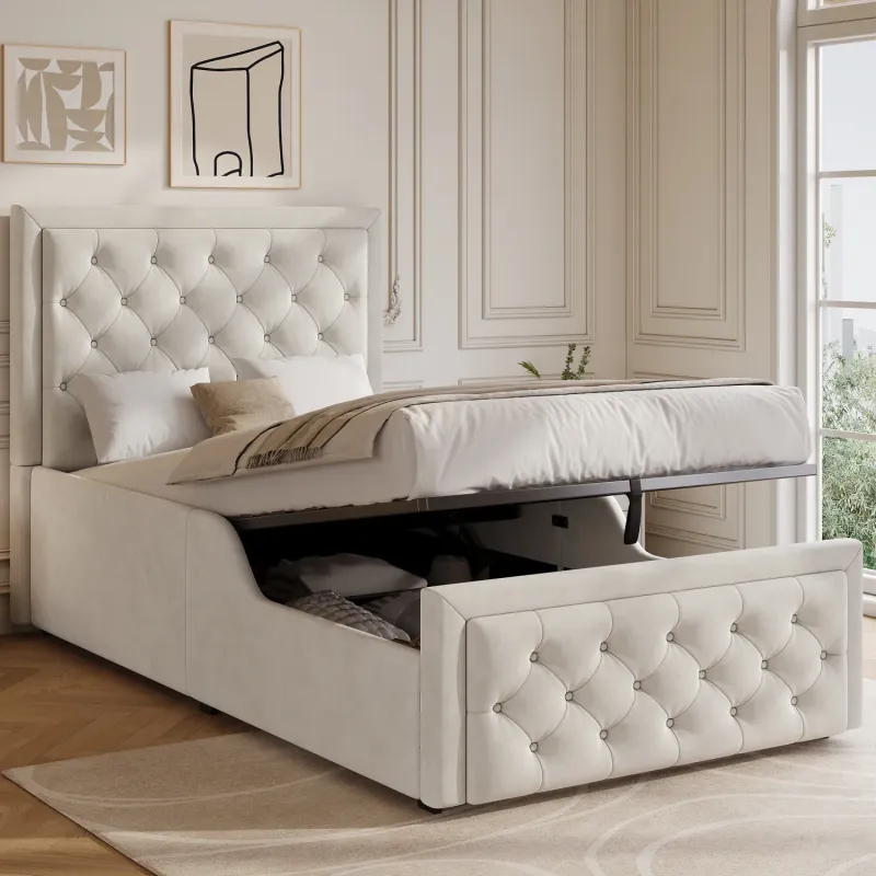 3ft Single Velvet Hydraulic Storage Bed with Padded Side Rails - Beige