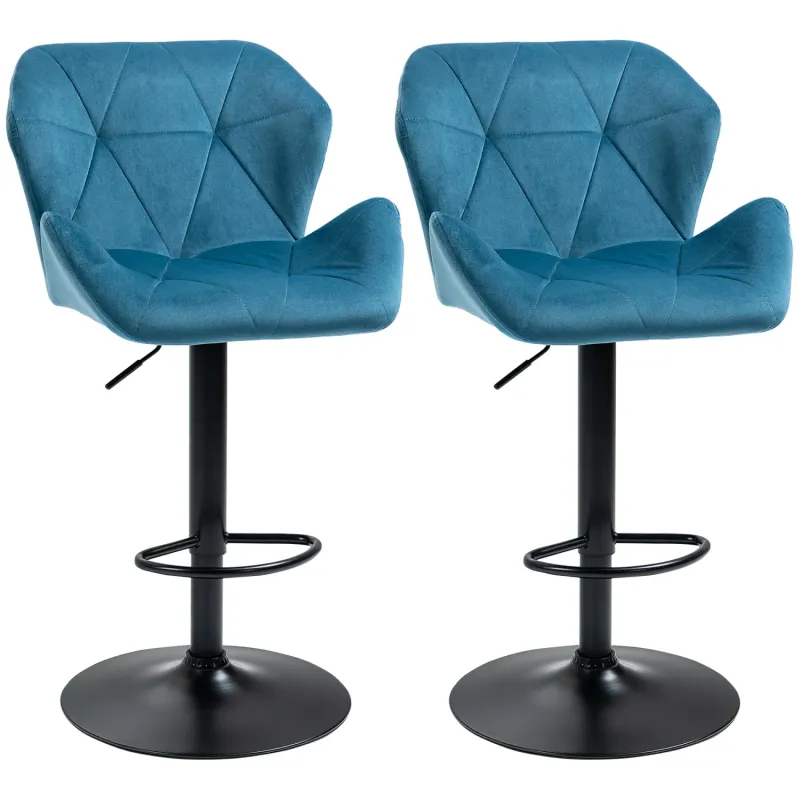 Bar Stools, Set of 2, Velvet in Blue with Adjustable Swivel Seat