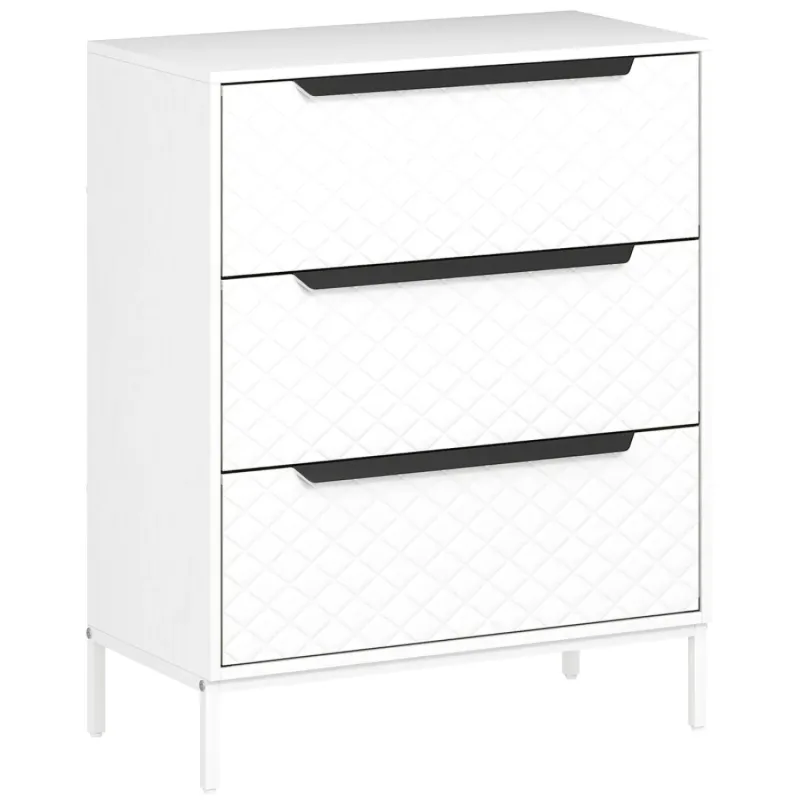  3 Drawer Fabric Chest of Drawers with Diamond Patterned Fronts - White