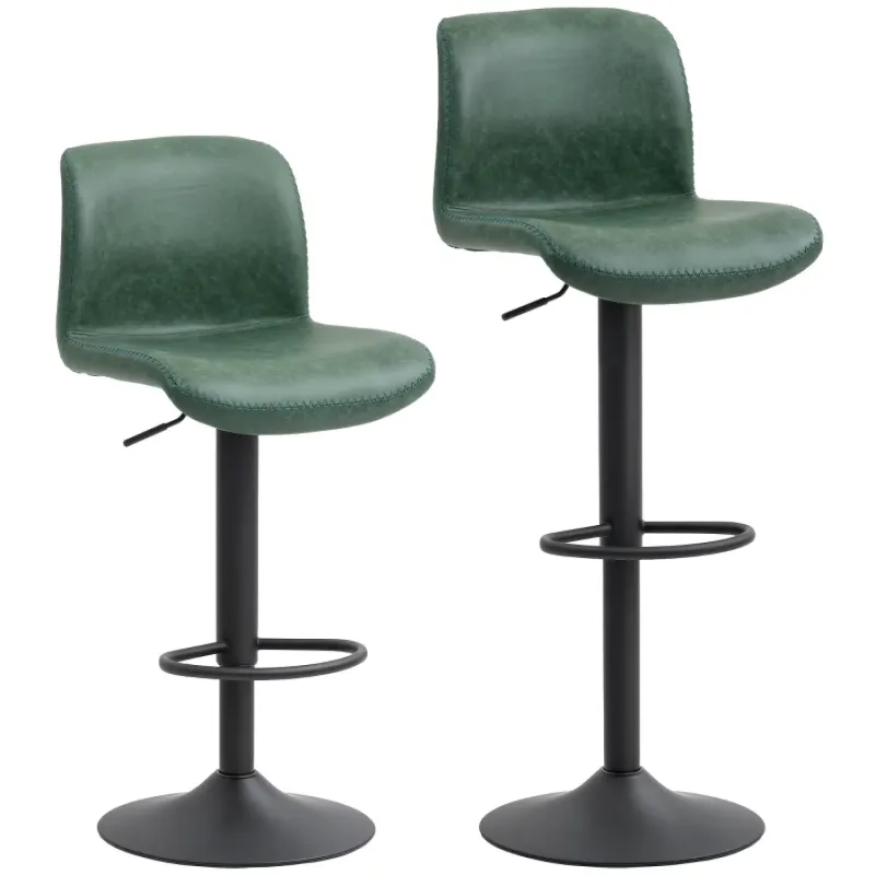  Set of 2 Adjustable Bar Stools - Green PU Leather Kitchen Breakfast Bar Chairs with Backrest and Footrest