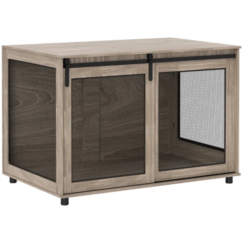 XL Wood Effect Dog Crate Side Table with Sliding Barn Door, Brown