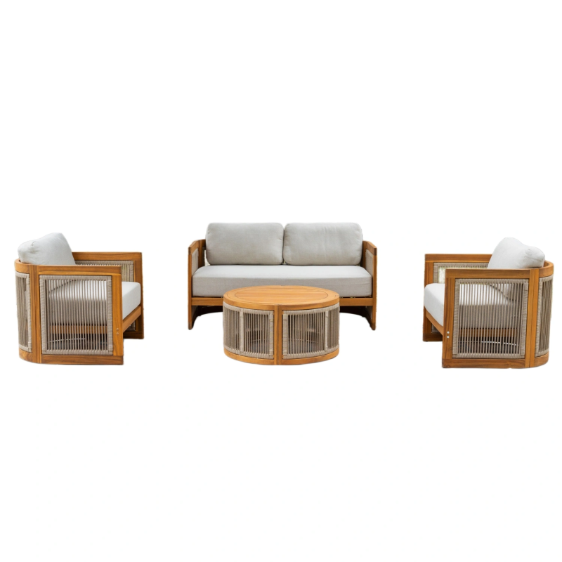 Acacia Wood Outdoor 4 Seater Set, 4 Seater Set, in Natural, with a Round Table & Storage Coffee Table