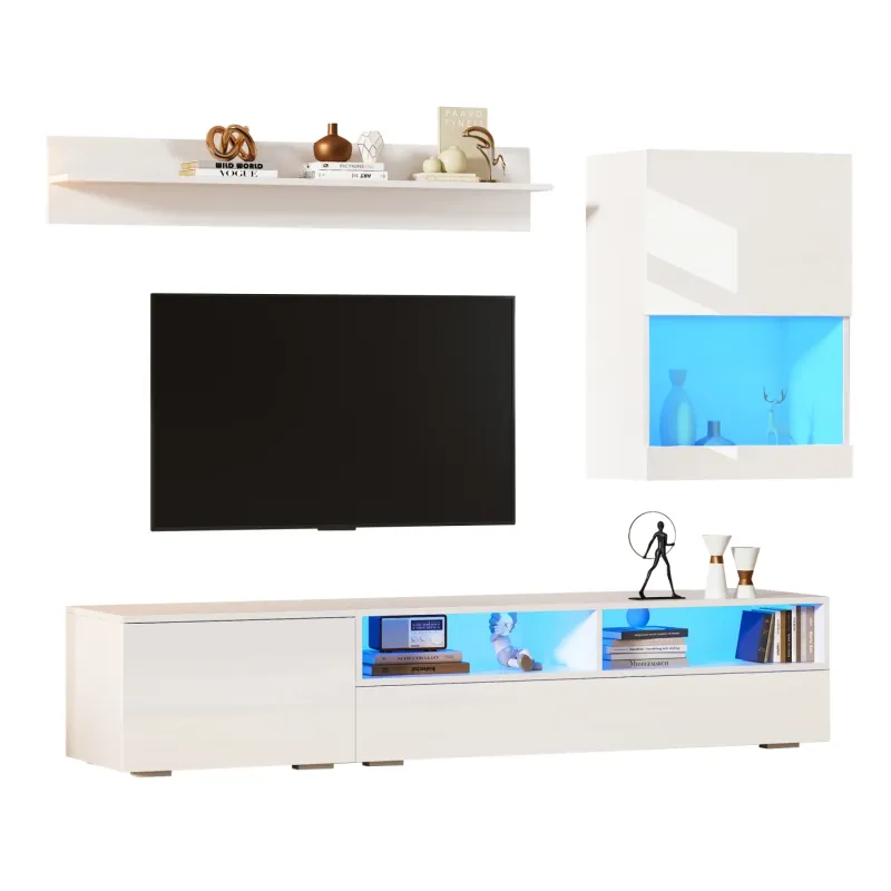 3-Piece High Gloss TV Wall Unit Set with App-Controlled LED Lights - White