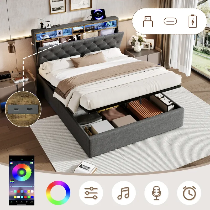 King Grey Linen Ottoman Bed with LED Storage Headboard and Charging Station