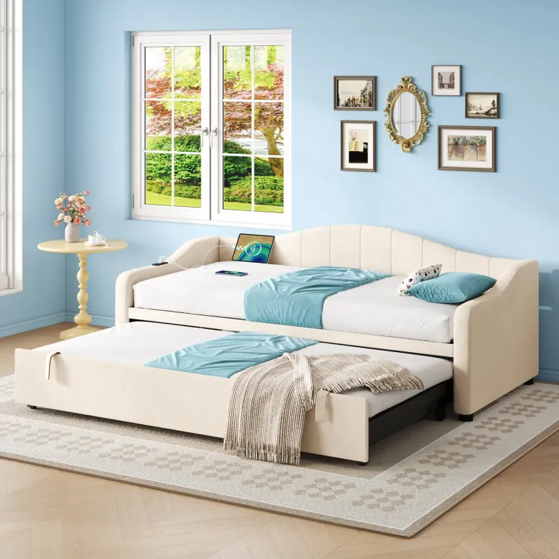 Velvet Daybed, Single, in Beige, with Pull-Out Trundle and Charging Station