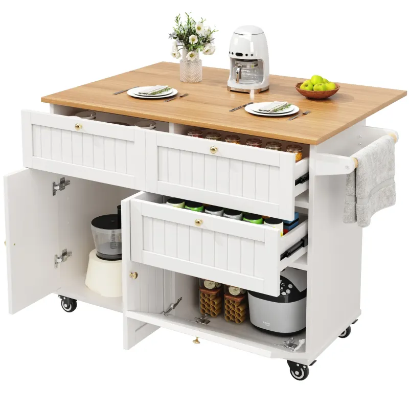 White Mobile Kitchen Island with Drop Leaf Breakfast Bar and 3 Drawers