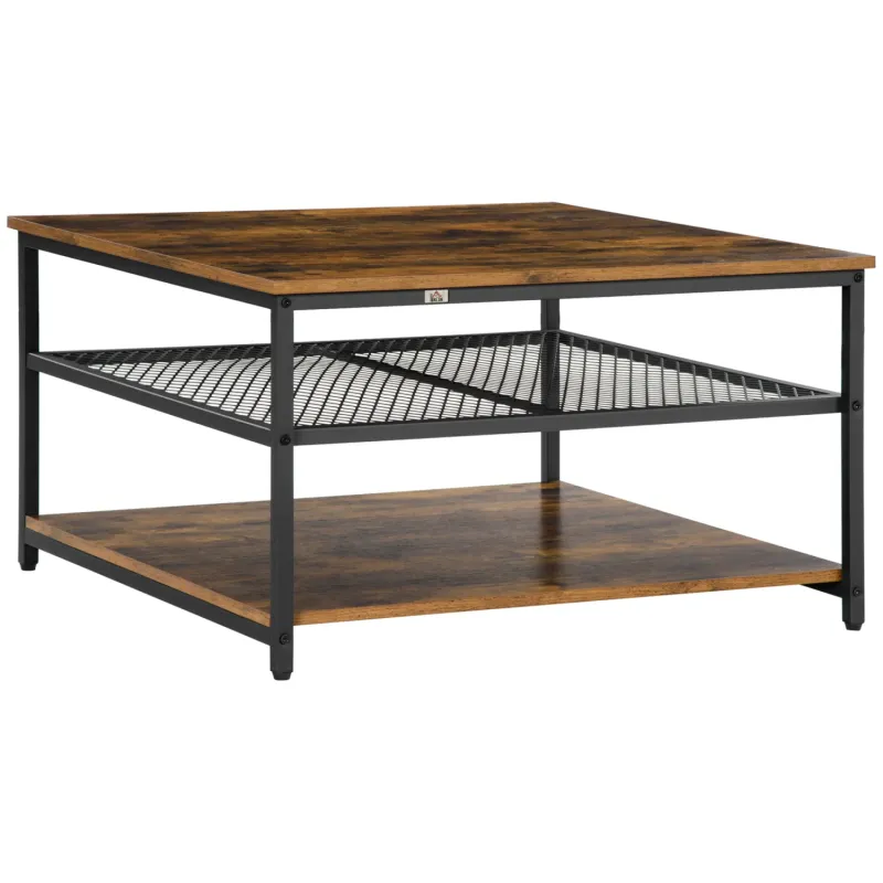 Square Coffee Table, Wood Effect in Rustic Brown, with 3-Tier Storage